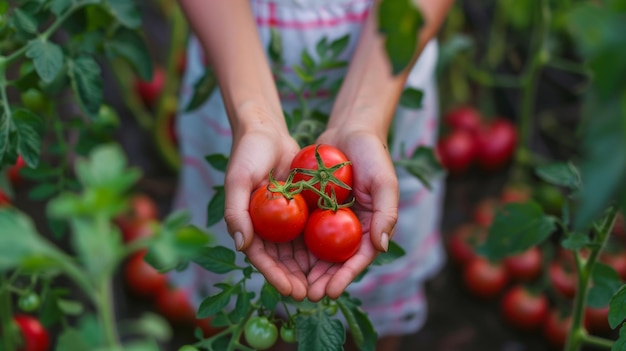 A photo of tomatos in the hands of a girl against the background of beds with vegetables