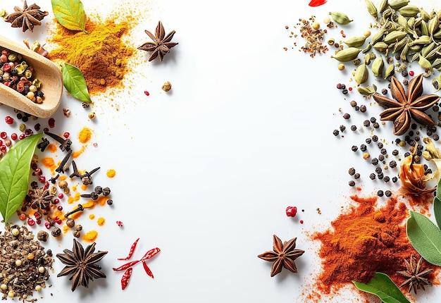 Photo photo of top and side view of various spices border background design