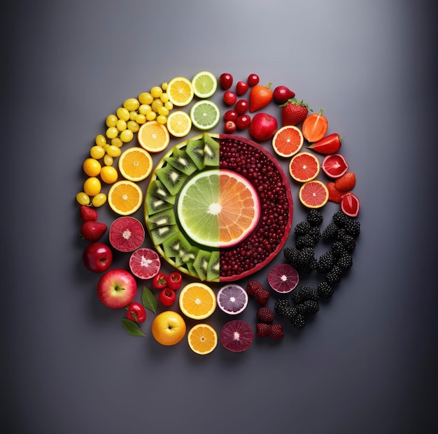 Photo top view of colorful fresh fruits rainbow