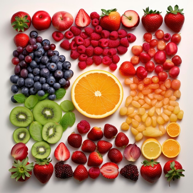 Photo top view of colorful fresh fruits rainbow