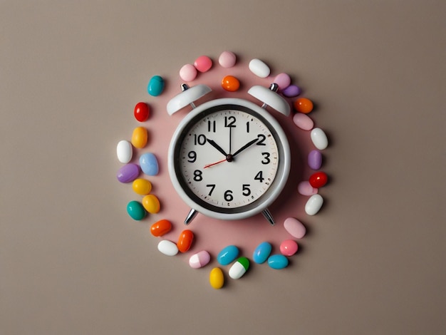 photo top view colourful pills and white clock with free space