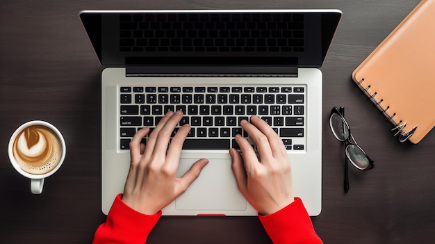 Photo of top view of laptop office workspace