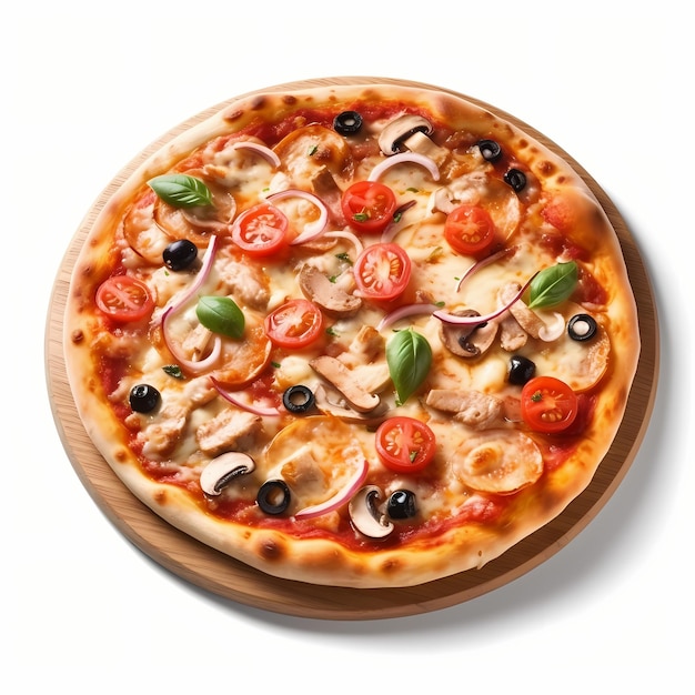 Photo top view of pepperoni pizza with mushroom sausages bell pepper olive and corn on black wooden made with generative ai