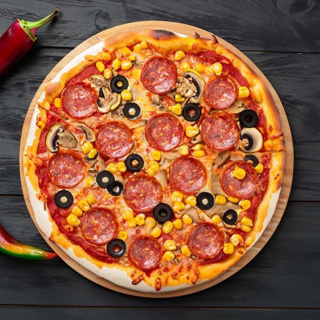 Photo photo top view of pepperoni pizza with mushroom sausages bell pepper olive and corn on black wooden