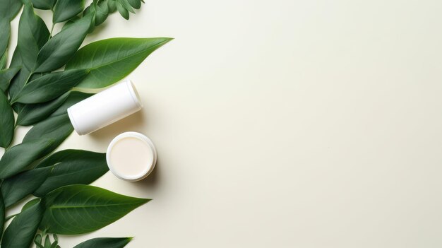 Photo of top view personal care products standing on a green pastel background