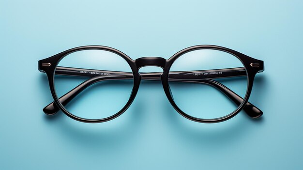 Photo top view round black Eye Glasses on blue pastel Background generated by AI