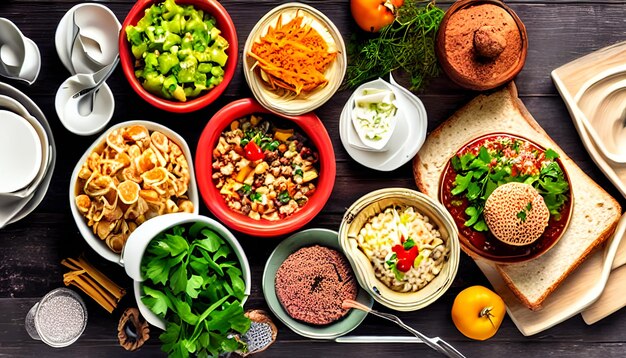 Photo photo top view table full of delicious food composition