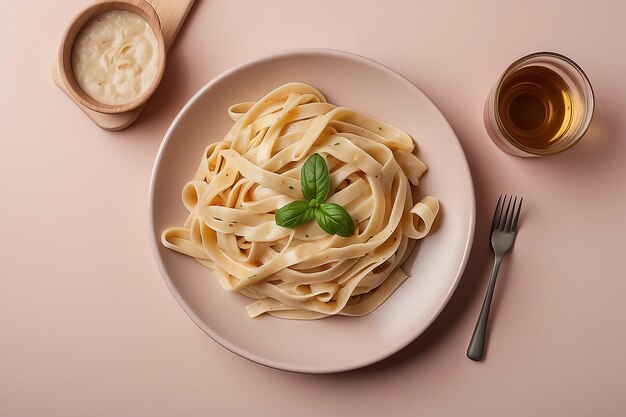 Photo top view tasty fettucine alfredo on light pink background