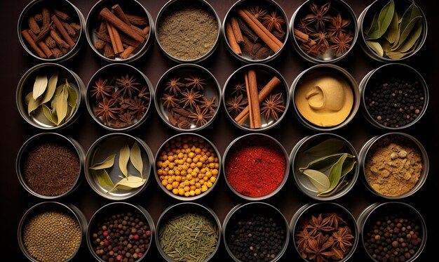 Photo a photo top view of various indian spices and seasonings in matrl bowl