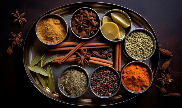 A photo top view of various indian spices and seasonings in matrl bowl