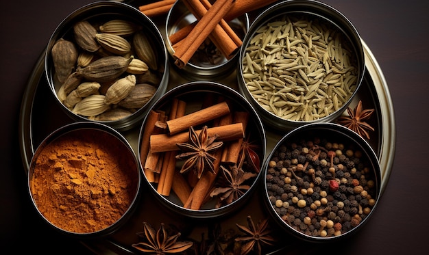 A photo top view of various indian spices and seasonings in matrl bowl