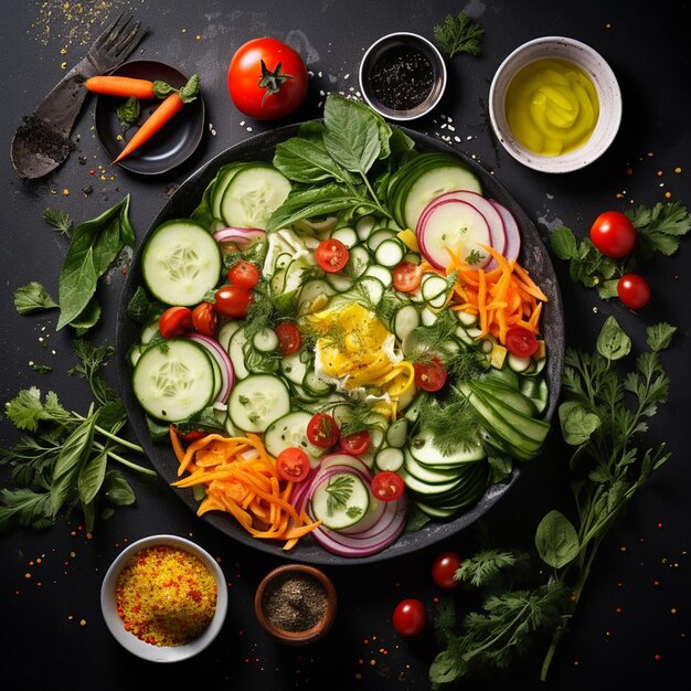 photo top view vegetable salad with different ingredients on dark salad ripe food