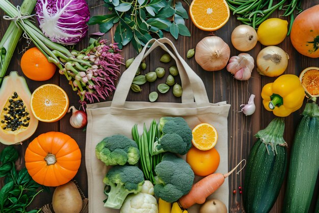 Photo photo top view vegetables and fruits in bag