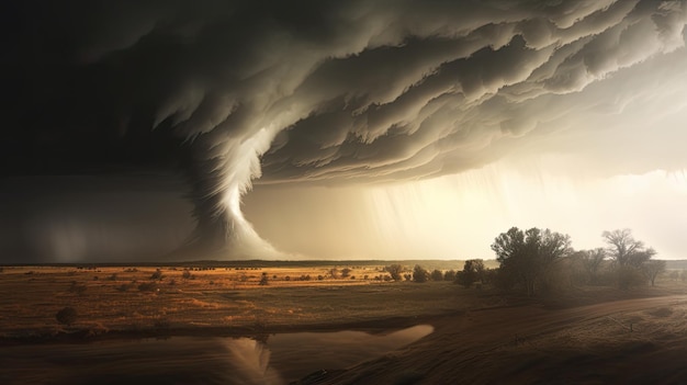 A photo of a tornado touching down in a desolate landscape stormy backdrop