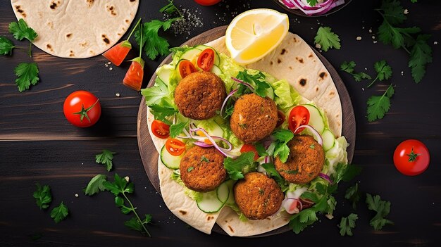 Photo of tortilla wrap with falafel and fresh salad for vegan healthy food lovers