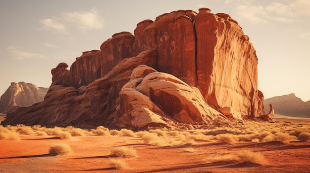 A photo of a towering rock formation in a desert landscape warm sunlight