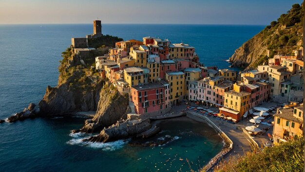 A photo of a town on a cliff by the ocean