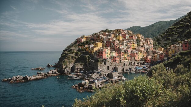 A photo of a town on a cliff by the ocean