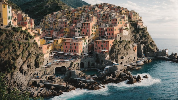 A photo of a town on a cliff by the ocean