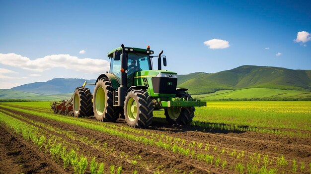 A photo of a tractor cultivating rows of crops