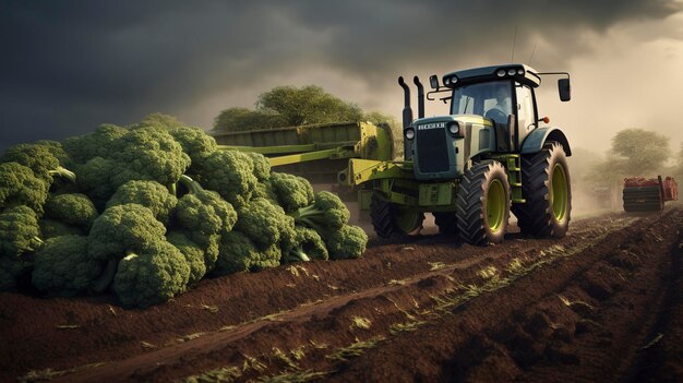 A photo of a tractor harvesting a field of broccoli