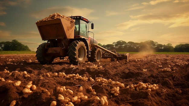 Фото трактора, собирающего урожай на картофельном поле