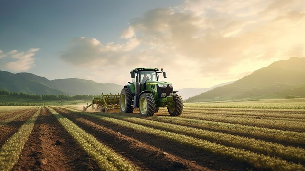 A photo of a tractor planting rows of crops