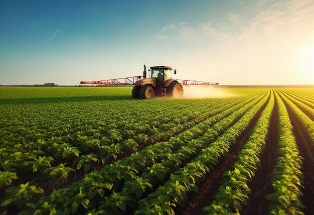 Foto foto del trattore che spruzza il grano dei fagioli sul campo