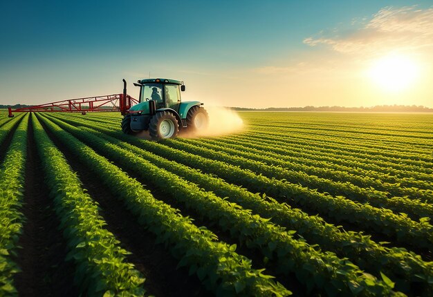 Foto foto del trattore che spruzza il grano dei fagioli sul campo