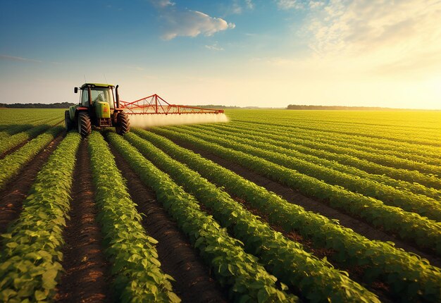 Foto foto del trattore che spruzza il grano dei fagioli sul campo