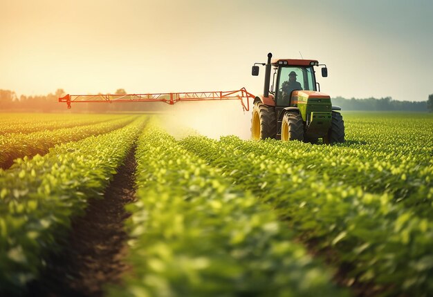 Foto foto del trattore che spruzza il grano dei fagioli sul campo