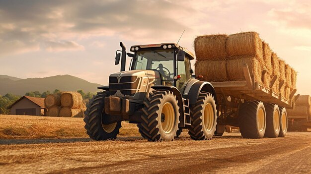 A photo of a tractor with a front loader carrying hay bales