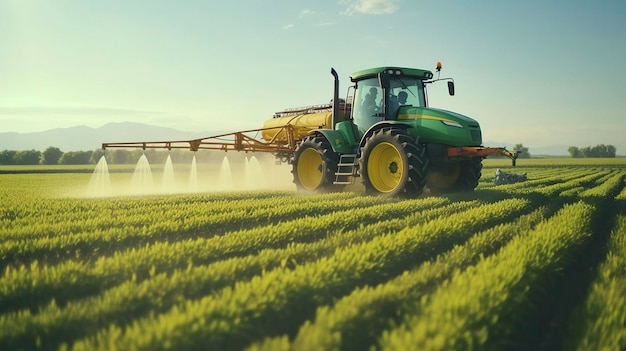 A photo of a tractor with a sprayer applying pesticides to crops