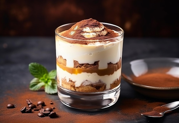 Photo of traditional delicious Italian tiramisu food slices jar and dessert