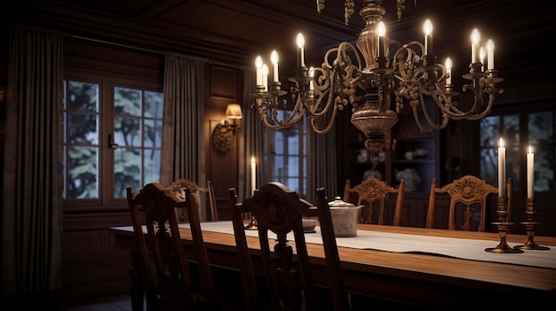 A photo of a traditional dining room with a chandelier