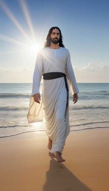 Photo photo of a traditional divine serenity jesus walking along the beach bathed in sunlight