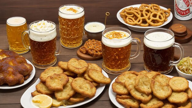 Photo of a traditional Oktoberfest meal with pretzels beer smoked pork knuckle and eisbein