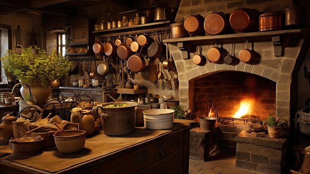 A photo of a traditional oldworld kitchen copper pots and pans