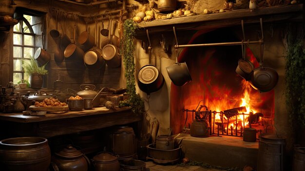 Photo a photo of a traditional oldworld kitchen copper pots and pans