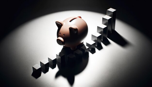 Photo photo of a traditional piggy bank on a gleaming surface accentuated by striking high contrast lighting