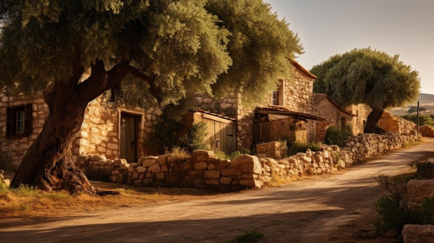 Photo a photo of a traditional stone house surrounded by olive trees