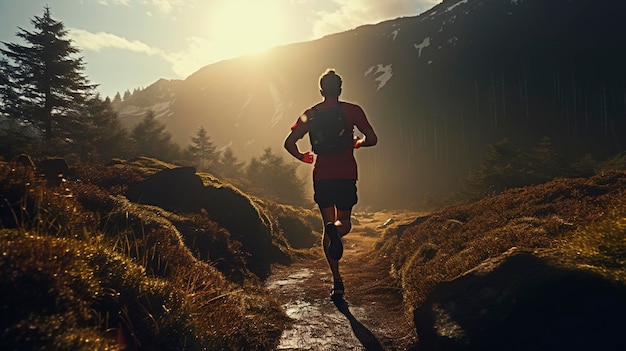 A photo of a trail runner racing through a scenic wilderness trail