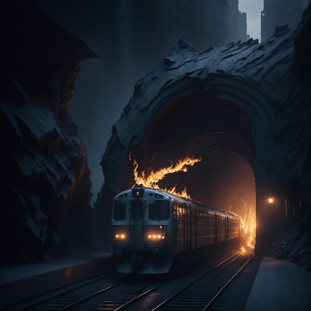 Photo of a train emerging from a dark tunnel