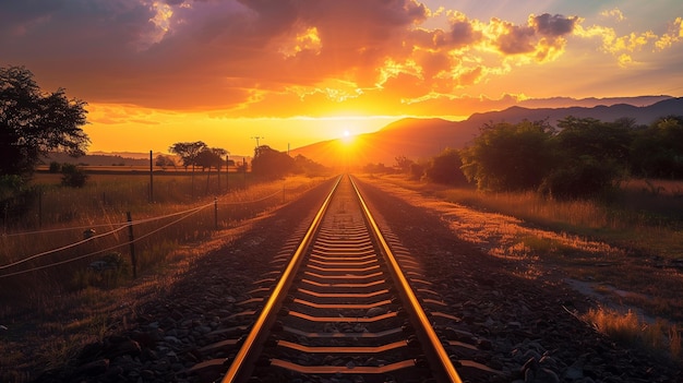 夕暮れの景色を横断する列車の線路の写真金色のオレンジ色の空と広がる雲