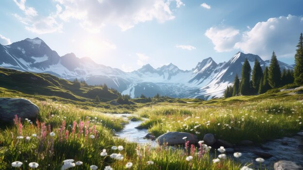 A photo of a tranquil alpine meadow with wildflowers snowcapped peaks