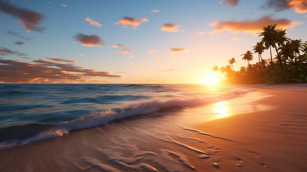 A photo of a tranquil beach at sunset