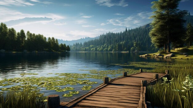 A photo of a tranquil countryside lake with a wooden