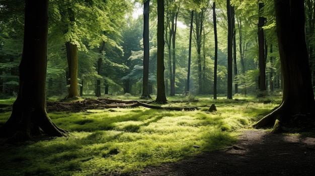 A photo of a tranquil forest glade with dappled sunlight