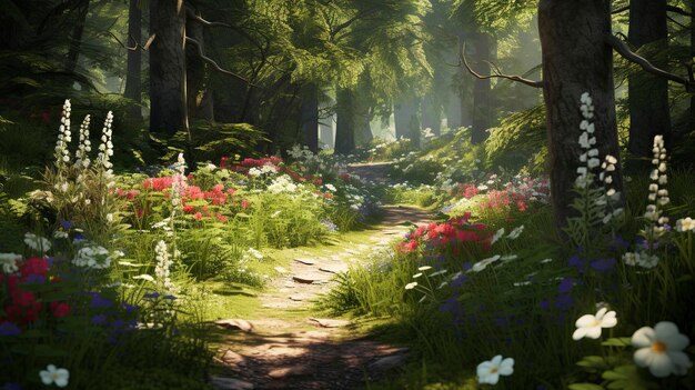 A photo of a tranquil forest path with a carpet of wildflowers