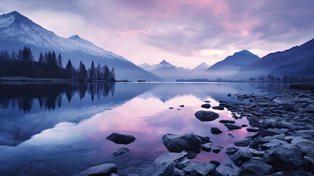 Photo a photo of a tranquil lake surrounded by mountains twilight glow